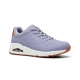Championes Skechers Street Uno - Shimmer Away color lila con detalles en color cobre. Capellada de durabuck sintético, cordones elásticos, plantilla Skechers Air-Cooled Memory Foam y cámara de aire visible Skech-Air.