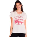 Remera color crema de corte clásico con cuello redondo y mangas cortas. Estampado frontal conmemorativo del centenario de Caterpillar con logo y texto en color rojo.