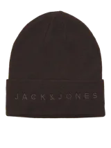Gorro beanie color chocolate con logo de la marca Jack & Jones bordado en el frente.