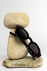 Lentes de sol negros con montura gruesa y forma geométrica.