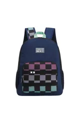 Mochila escolar azul marino con bolsillo frontal estampado a cuadros en tonos morado, negro y turquesa. Presenta un parche con el logo "TROY" y dos cruces negras bordadas en el bolsillo frontal. Tiene tirantes acolchados y asa superior en color verde menta.