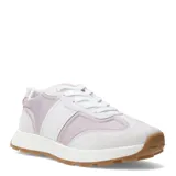 Zapatillas deportivas blancas con detalles en lila, acordonadas, con suela marrón.