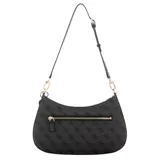 Cartera de hombro Guess modelo Noelle II Top Zip Shoulder Bag, color negro con patrón de logo 4G en relieve. Tiene forma curva, correa ajustable y removible, y herrajes dorados. Incluye un dije colgante con el logo de Guess.