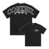 Camiseta negra de algodón grueso con logo Alcatraz estampado en el pecho y logo Royale estampado en la espalda.