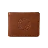 Billetera marrón de cuero sintético con logo Rip Curl grabado en el frente.