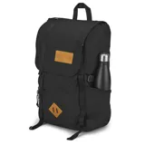 Mochila JanSport Hatchet negra con detalles en marrón. Cuenta con compartimento para laptop, bolsillo para tablet, organizador interno y espacio para botellas.