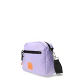 Bandolera Miss Carol Parry color lila, de tamaño mediano, con correa negra regulable y logo naranja en el frente.
