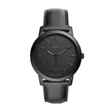 Reloj Fossil Minimalist para hombre, con caja redonda de acero inoxidable color negro de 44mm de diámetro, esfera negra con agujas e indicadores minimalistas, cristal mineral resistente a rayaduras y correa de cuero negro. Resistente al agua hasta 50 metros.