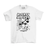 Remera blanca de algodón con estampado de Mickey Mouse como Steamboat Willie.