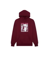 Buzo hoodie color borgoña con cordones ajustables, bolsillo tipo canguro y estampa frontal con el logo de la marca y un retrato en blanco y negro.