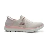Championes deportivos Skechers Hands Free Slip-ins Summits, color beige con detalles en rosa. Diseño sin cordones con tecnología Heel Pillow y plantilla Air-Cooled Memory Foam.
