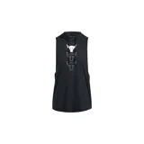 Musculosa negra con capucha de la línea Project Rock de Under Armour. Presenta sisas amplias y estampado frontal con tres cabezas de toro en blanco.