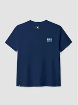 Camiseta gris de algodón con cuello redondo y manga corta. Estampado en la espalda con diseño geométrico de cuadrados en tonos verde y celeste.