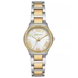 Reloj Michael Kors modelo Sage para mujer, con caja plateada de 31mm y bisel con cristales. La esfera es de nácar con números romanos dorados y agujas doradas. El brazalete es de acero inoxidable plateado y dorado.