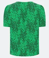 Blusa de crepé verde con estampado abstracto negro, cuello redondo con lazo y mangas cortas abullonadas.