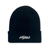 Gorro beanie negro de tejido de punto con logo bordado en blanco.