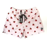 Short de baño rosado con estampado de sandías, cintura elástica con cordón ajustable y logo de la marca en la pierna.