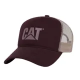 Gorro de hombre Caterpillar, con frente azul petróleo con logo CAT bordado en amarillo, visera curva y paneles traseros de malla color beige.