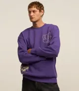 Buzo relaxed de algodón y poliéster color violeta, con cuello redondo, puños y bajo acanalados, y estampa frontal con diseño gráfico y texto.