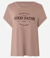 Remera marrón de viscosa con mangas cortas y estampado con la frase "Choose wisely follow good paths always choose wisely est 1996".