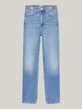 Pantalón de jean celeste, de corte recto y tiro alto, con cintura ajustable, cinco bolsillos y efecto desteñido.