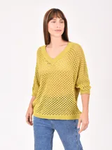 Buzo de tejido de punto calado color negro, con escote en V y mangas 3/4.