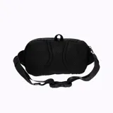 Riñonera negra de nylon ripstop con múltiples bolsillos con cierre de cremallera y correa ajustable a la cintura.