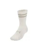 Pack de seis pares de medias deportivas blancas con tres rayas horizontales grises en la parte superior.