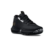 Championes de basketball Under Armour Lockdown 6, color negro con detalles en dorado y blanco. Presentan el logo de la marca en el lateral y suela con diseño de mármol.