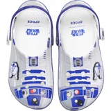 Zueco clásico Crocs con temática de R2-D2 de Star Wars. Presenta un diseño estampado en blanco y azul que simula la apariencia del droide, con detalles mecánicos en el talón y un adorno Jibbitz™ de una nave espacial.