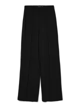 Pantalón negro de tiro alto y corte wide leg, con pinzas frontales. Confeccionado en tejido de punto interlock con mezcla de poliéster reciclado y elastano.