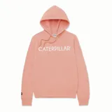 Buzo con capucha color salmón, con logo de Caterpillar estampado en blanco en el pecho y bolsillo tipo canguro.