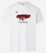 Remera blanca de algodón con corte clásico, cuello redondo y mangas cortas. Estampado frontal con un auto Chevrolet Corvette clásico en color rojo.