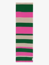 Bufanda de lana reciclada, con diseño a rayas en colores verde, beige y fucsia, ideal para el invierno.