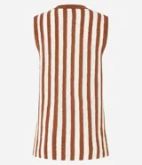 Blusa sin mangas de punto con cuello redondo y rayas verticales en tonos marrón y blanco.