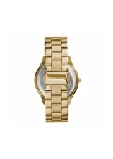 Reloj Michael Kors modelo Slim Runway, con caja y correa de acero inoxidable color dorado.