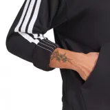 Hoodie Adidas Essentials French Terry con capucha y cordones ajustables, color negro con logo blanco bordado en el pecho y tres rayas blancas en las mangas. Cuenta con bolsillo tipo canguro.