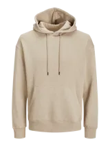 Canguro color beige con capucha y cordones ajustables, manga larga, bolsillo tipo canguro y puños y bajo acanalados.