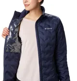 Campera ligera de plumón para mujer, diseñada para proporcionar calor en climas fríos, con tejido deperlante al agua y forro térmico reflectante.