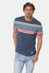 Remera de manga corta con diseño a rayas horizontales en tonos azul, verde, beige y rosa.