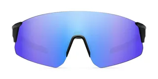 Lentes de sol deportivos unisex, marca Meller, modelo Dua. Montura negra sin borde inferior y lente espejada azul. Protección UV400.