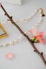 Gargantilla de perlas de agua dulce con detalles dorados en acero quirúrgico con baño de oro 18k.