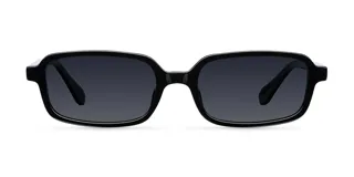 Gafas de sol rectangulares negras con montura fina y logo dorado de Meller en las patillas.