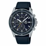 Reloj cronógrafo Casio Edifice para hombre, caja de acero inoxidable plateada y bisel azul oscuro. Esfera azul marino con tres subesferas, indicadores de hora en blanco y amarillo, y correa de cuero azul oscuro.