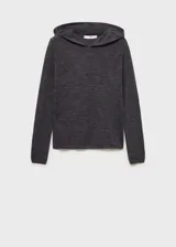 Jersey de punto fino color gris oscuro, con cuello redondo y capucha, de diseño recto y manga larga.