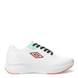 Championes Umbro Marathon blancos con detalles en naranja y celeste. Presentan cordones negros, logo Umbro en el lateral y suela con diseño geométrico.
