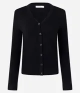 Cardigan blanco de viscosa con cuello en V, cierre frontal de botones y mangas largas.