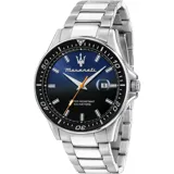 Reloj Maserati Sfida con caja de acero plateado de 44mm, esfera azul y negra con detalles refinados, cristal mineral resistente y movimiento de cuarzo Miyota. Resistente al agua hasta 100 metros.