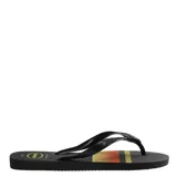 Ojotas Havaianas Top Basic negras con rayas horizontales azules y logo de la marca en la plantilla.