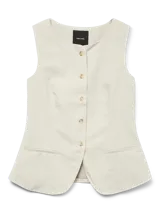 Chaleco sastrero color crema con cierre de botones al frente y bolsillos delanteros.